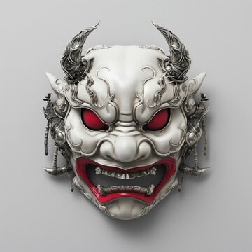 a white Oni Demon face mask isolated on a white background