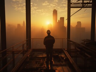 Contemplating Urban Sunrise from Construction Site. A construction worker gazes at a cityscape sunrise from a high-rise structure.