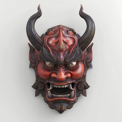 Red Oni demon face mask, isolated on a white background