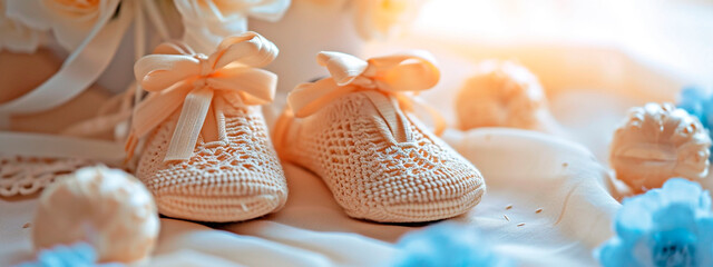 baby booties on a white background. Selective focus. - obrazy, fototapety, plakaty