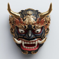 a black and golden oni Demon face mask isolated on a white background