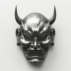 a black metallic oni Demon face mask isolated on a white background