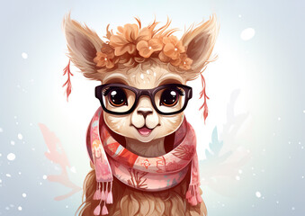 adorable cartoon alpaca in warm scarf and glasses