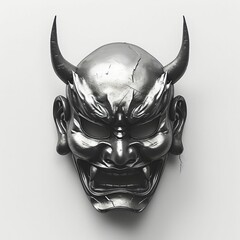 a black metallic oni Demon face mask isolated on a white background