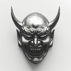a black metallic oni Demon face mask isolated on a white background