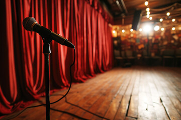 closeup microphone empty stage of a theater or standup comedy club with red curtain