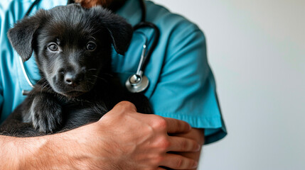 puppy in the hands of a veterinarian. Selective focus.