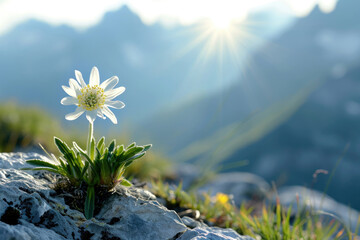 The Edelweiss basking in sun-kissed splendor, radiating a warm glow on its pristine petals