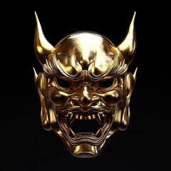 a golden Oni demon mask isolated on a black background