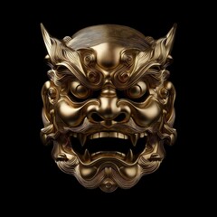 a golden Oni demon mask isolated on a black background