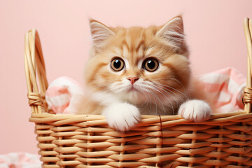 cute domestic fluffy orange cat in a basket on a pink background