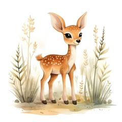 watercolor illustration of a cute spotted baby deer standing among the plants on a white background