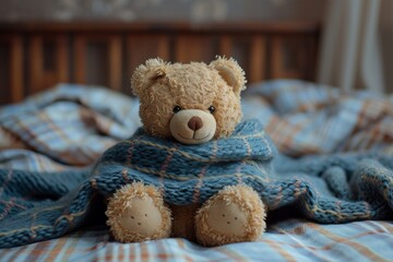 A snuggly teddy bear rests comfortably on a bed, wrapped in a soft blue blanket, waiting for a cuddle from its favorite human