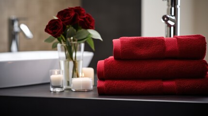 Bathroom elegance: Red towel as a stylish decoration, creating a cozy ambiance in your personal sanctuary.