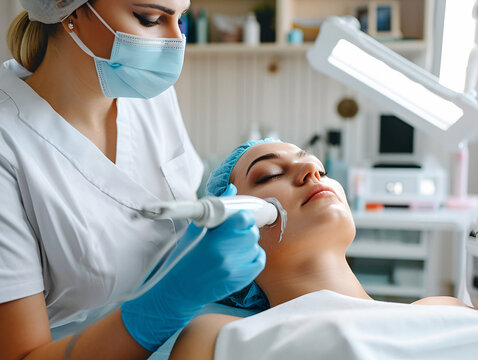 A beautiful woman undergoes a facial massage in a beauty salon