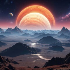 Giant planet seen from another planet with mountains.Generative wtih AI
