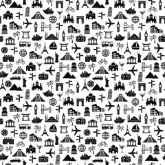 Seamless pattern with travel famous places abstract silhouettes - obrazy, fototapety, plakaty