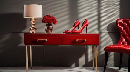 Springtime chic: Red shoes on a desk, adding a burst of vibrant style to your seasonal wardrobe. E - obrazy, fototapety, plakaty