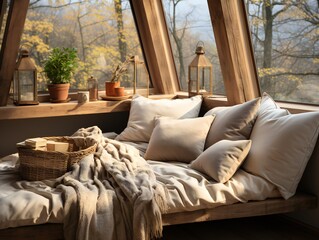 Interior of a modern bedroom with a wooden bed.