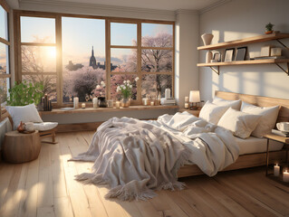 Bed with white pillows in the bedroom with a view of the city.