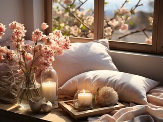 Composition with burning candles and flowers on window sill in room. Interior design