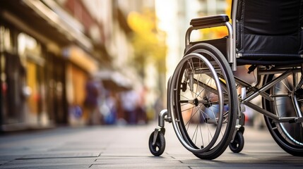 Obraz premium Close-up back view of a disabled person's stroller in the urban environment.