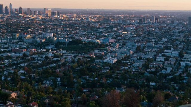 Los Angeles Downtown Sunset Cityscape from Griffith Park Time Lapse California USA