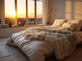 Bed with white pillows in the bedroom with a view of the city.