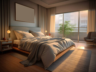 Fototapeta premium Bed with white pillows in the bedroom with a view of the city.