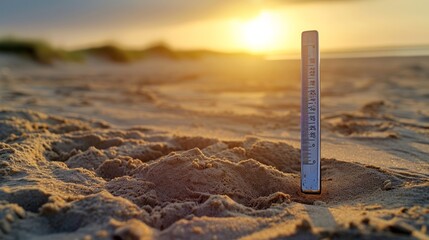 A detailed close-up of a thermometer placed on sandy terrain - obrazy, fototapety, plakaty