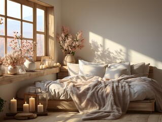 Interior of modern bedroom in the morning.