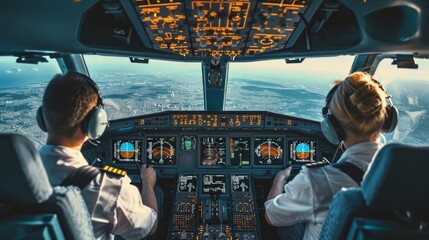 Two professional aviators sitting in cockpit during flight
