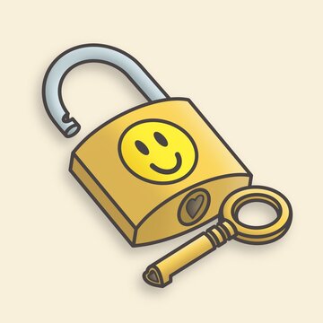 Illustration of a padlock with a smiley on it and a heart shaped key