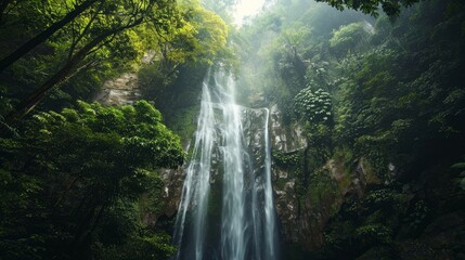 Fototapeta na wymiar From below of scenic chilasco waterfall flowing through steep rocky