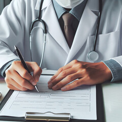 Close-up of a male doctor filling up medical form while sitting at his working place. - obrazy, fototapety, plakaty