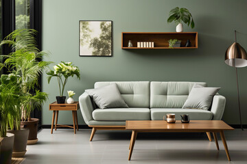 Picture a wooden coffee table and lounge chair paired with a gray sofa against a soothing green wall, creating a modern and relaxing ambiance.