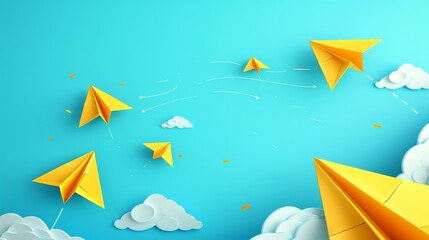 School notebook background, 3d flying yellow paper airplanes