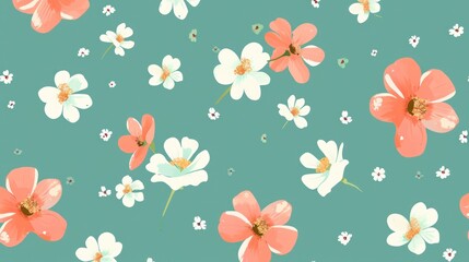 Seamless pattern with cute flower on green mint background