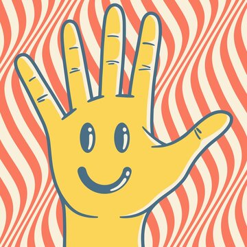Illustration of a yellow hand with a smiley on the palm
