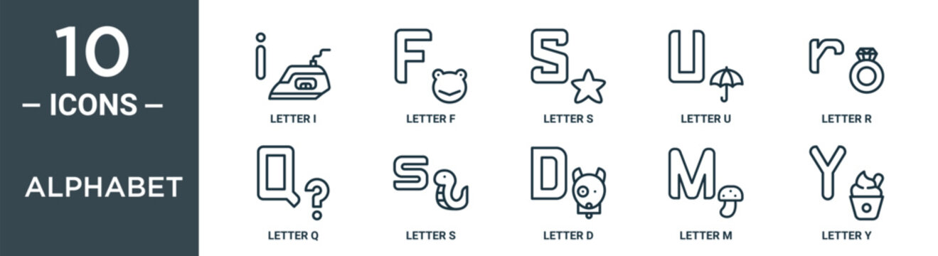 alphabet outline icon set includes thin line letter i, letter f, letter s, u, r, q, s icons for report, presentation, diagram, web design