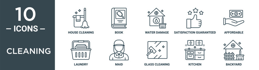cleaning outline icon set includes thin line house cleaning, book, water damage, satisfaction guaranteed, affordable, laundry, maid icons for report, presentation, diagram, web design - obrazy, fototapety, plakaty