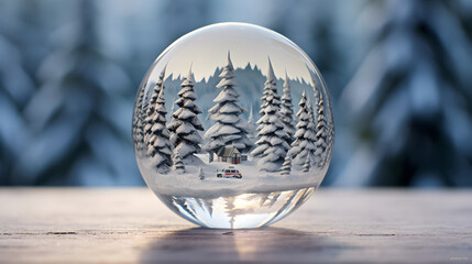 Glass ball with snowy trees, winter landscape