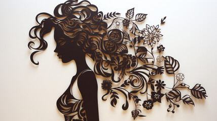 silhouette of a beautiful woman with long hair, person in the sun. Creative holiday background, DIY, illustration