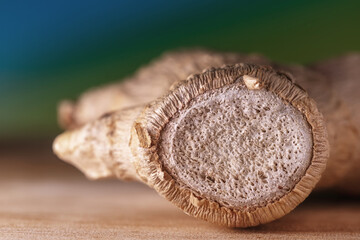 A dry ginger root is photographed in close-up on a beautiful background