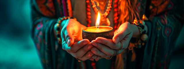 A woman fortune teller tells fortunes by fire. Selective focus.