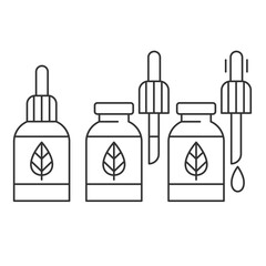 Dropper bottle with serum or oil, linear icons set. Closed, Opened vial with drop, herbal liquid package.Makeup and cosmetology concept.Editable Stroke. Vector illustration EPS 10