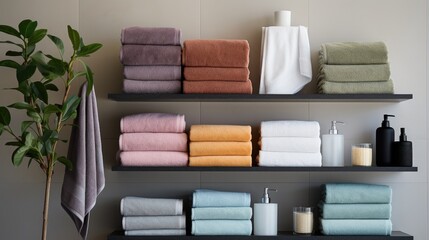 Towels neatly arranged against clean, white walls, creating a serene spa atmosphere