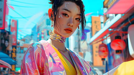 Beautiful woman wearing pink and yellow kimono, in the style of futuristic pop, street pop art