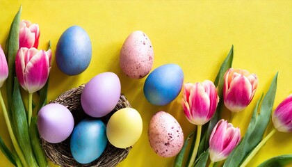 Fototapeta na wymiar Stylish background with colorful easter eggs isolated on yellow background with pink tulip flowers