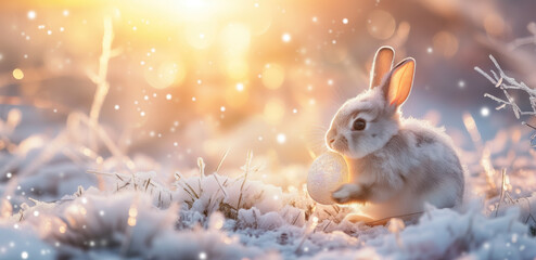 Rabbit in snow with easter egg